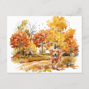 Watercolor Fall Dog Design- Golden Retriever Postcard
