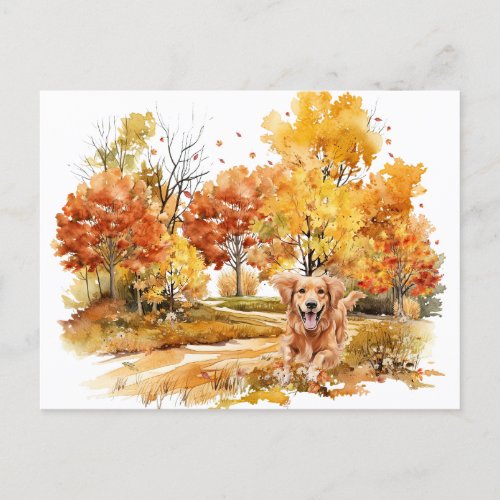 Watercolor Fall Dog Design_ Golden Retriever Postcard