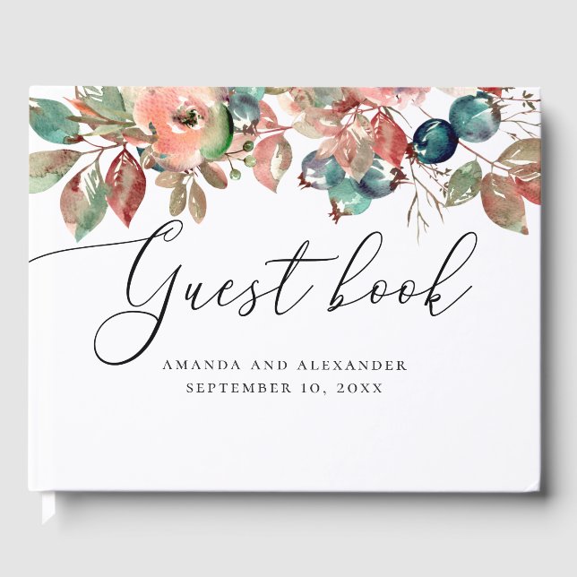 Watercolor fall floral blueberry script wedding guest book (Front)
