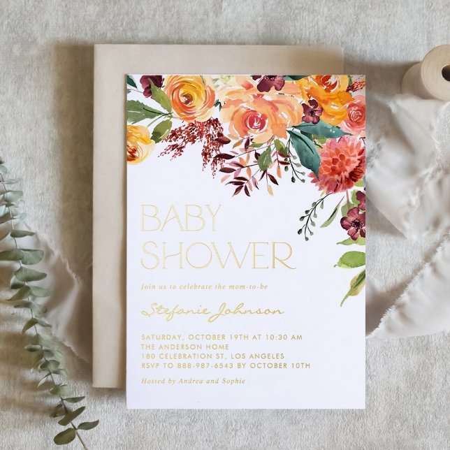 Watercolor Fall Floral Bouquet Baby Shower Foil Invitation (Custom Fall Baby Shower Invitation with Watercolor Florals, Greenery, and Gold Foil Text)
