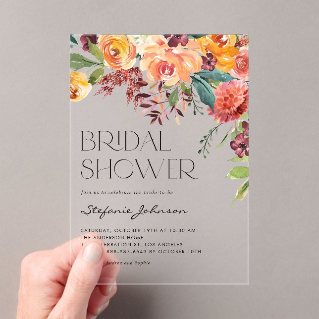Watercolor Fall Floral Bouquet Bridal Shower Acrylic Invitations (Insitu (Handheld))
