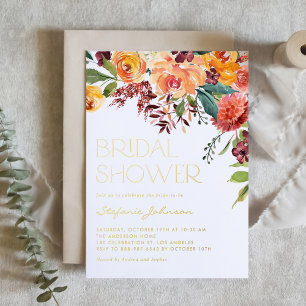 Watercolor Fall Floral Bouquet Bridal Shower Foil Invitation