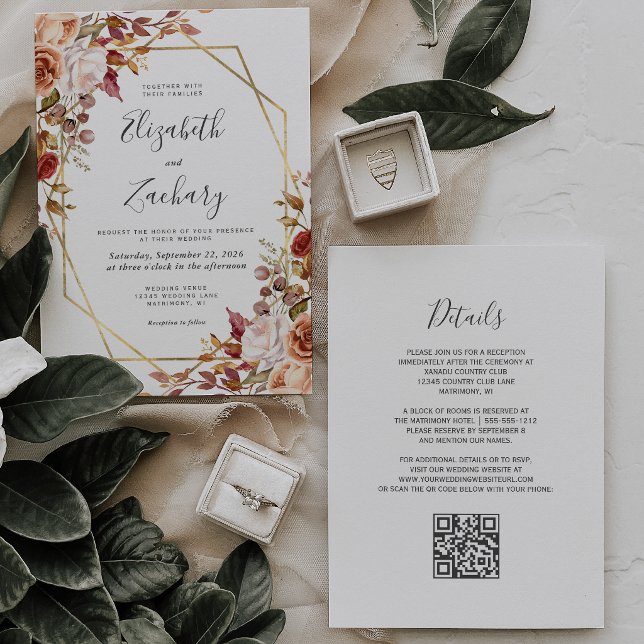 Watercolor Fall Floral Gold QR Code Wedding Invitation (Creator Uploaded)