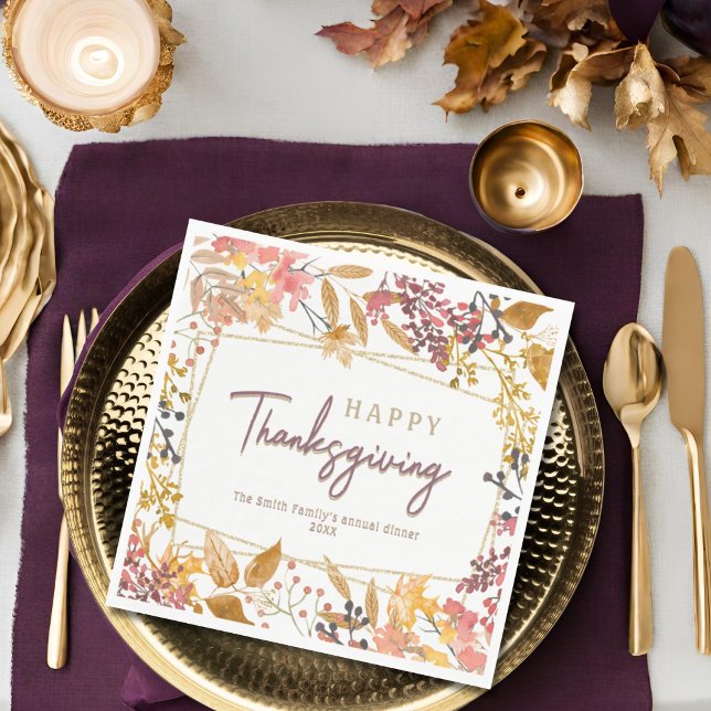Watercolor fall floral happy thanksgiving name napkins (Creator Uploaded)