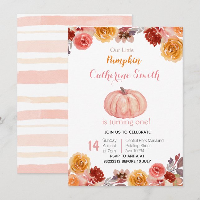 Watercolor Fall Floral Pumpkin 1st Birthday Invitation (Front/Back)