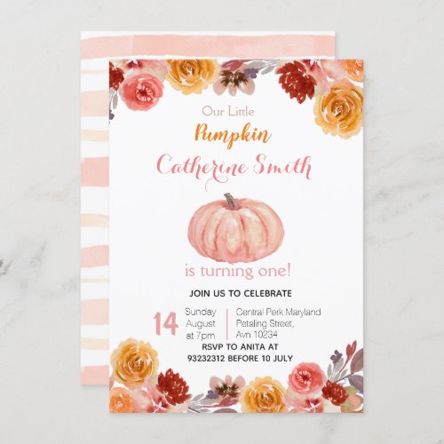 Watercolor Fall Floral Pumpkin 1st Birthday Invitation