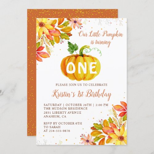 Watercolor Fall Floral Pumpkin Autumn Birthday Invitation