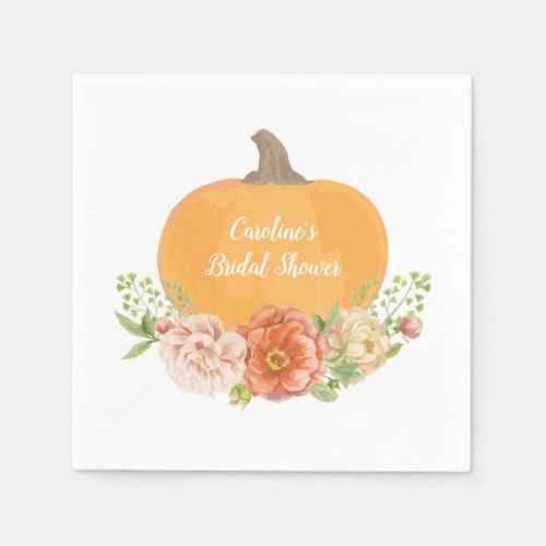 Watercolor Fall Floral  Pumpkin Bridal Shower Napkins