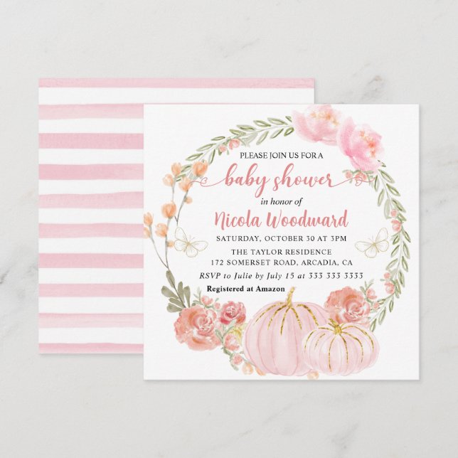 Watercolor Fall Floral Pumpkin Wreath Baby Shower Invitation (Front/Back)
