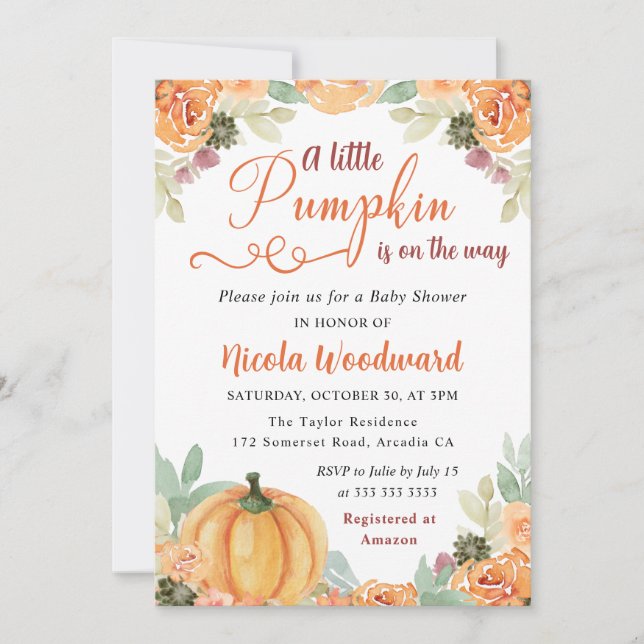 Watercolor Fall Floral Pumpkins Baby Shower Invitation (Front)