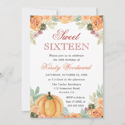 Watercolor Fall Floral Pumpkins Sweet Sixteen Invitation