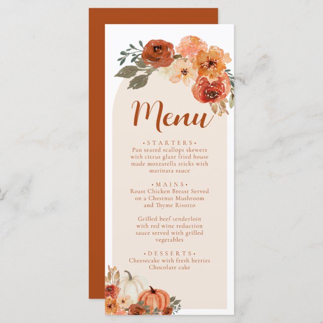 Watercolor Fall Floral Rustic Pumpkin Dinner Menu (Front/Back)