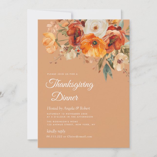watercolor fall florals thanksgiving dinner invitation (Front)