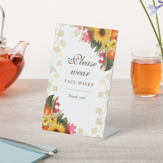watercolor fall flower please wear face mask pedestal sign (In SItu)