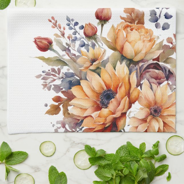 Watercolor Fall Flowers- Kitchen Towel (Folded)