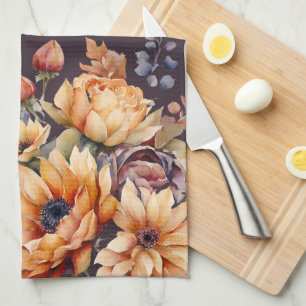 Watercolor Fall Flowers-Purple- Kitchen Towel