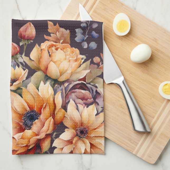 Watercolor Fall Flowers-Purple- Kitchen Towel (Quarter Fold)