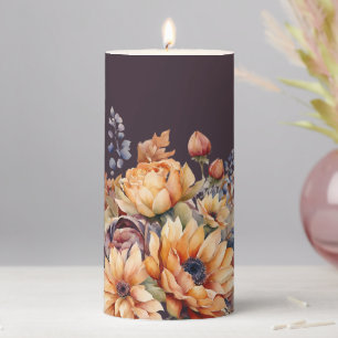 Watercolor Fall Flowers-Purple- Pillar Candle