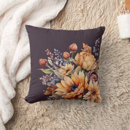 Watercolor Fall Flowers_Purple_Throw Pillow