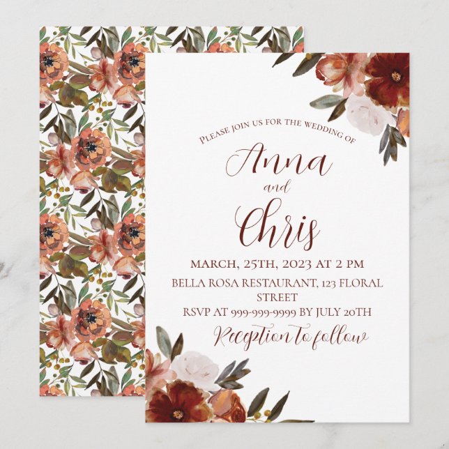 WATERCOLOR FALL FLOWERS WEDDING  INVITATION (Front/Back)