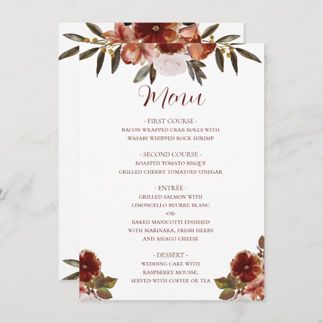 WATERCOLOR FALL FLOWERS WEDDING  MENU (Front/Back)