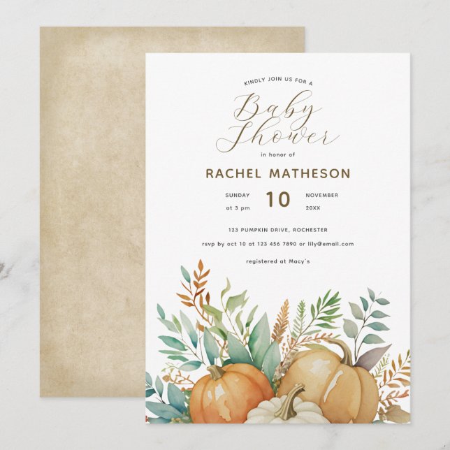 Watercolor fall foliage pumpkins baby shower invitation (Front/Back)