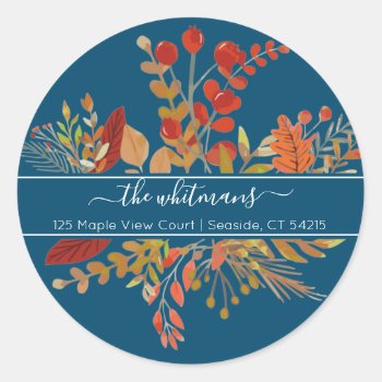Watercolor Fall Foliage Return Address | Blue Classic Round Sticker by NoteworthyPrintables at Zazzle