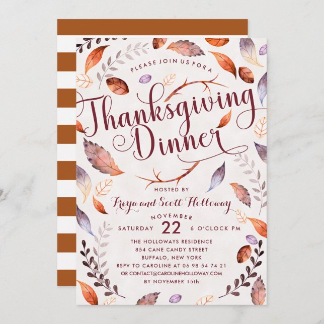 Watercolor Fall Foliage Thankgiving Dinner Invitation (Front/Back)