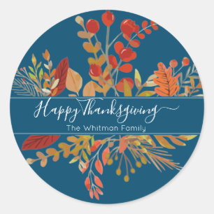Watercolor Fall Foliage Thanksgiving Blue Classic Round Sticker