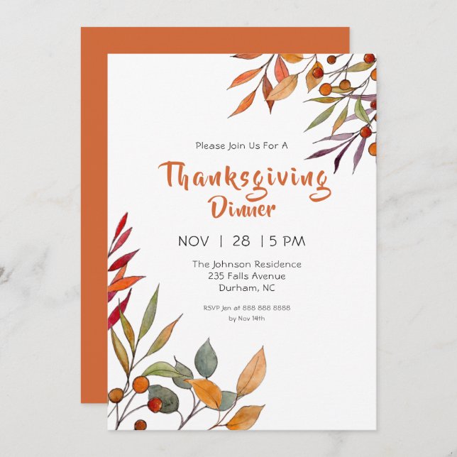 Watercolor Fall foliage Thanksgiving invitation (Front/Back)