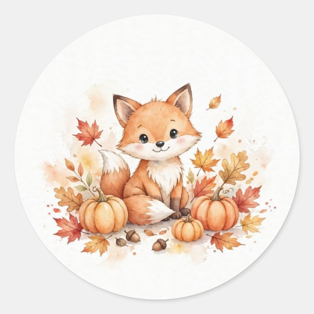 Watercolor Fall Fox With Pumpkins Sticker (Front)