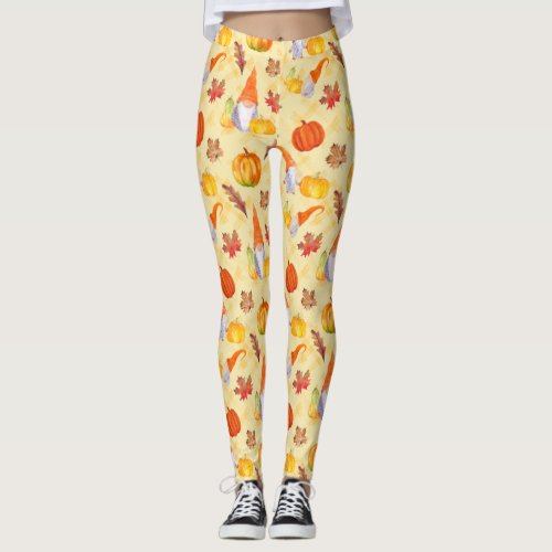 Watercolor Fall Gnomes Pumpkins And Leaves Leggin Leggings