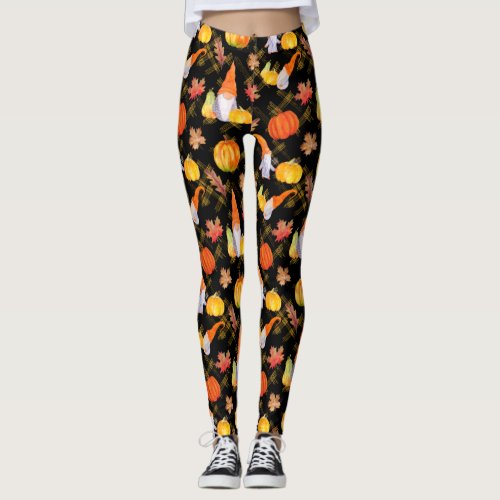 Watercolor Fall Gnomes Pumpkins And Leaves Leggings