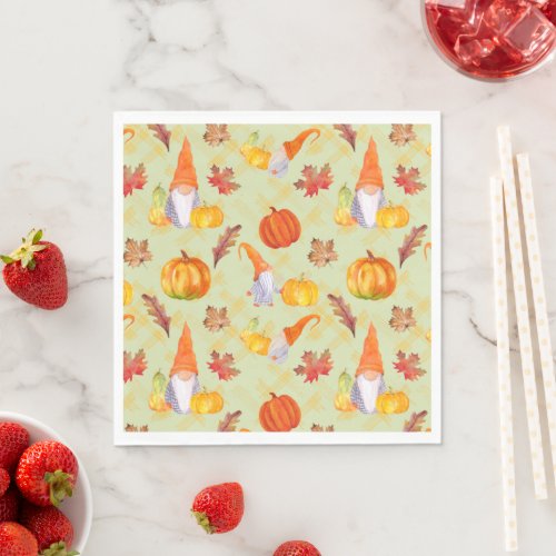 Watercolor Fall Gnomes Pumpkins And Leaves Napkins