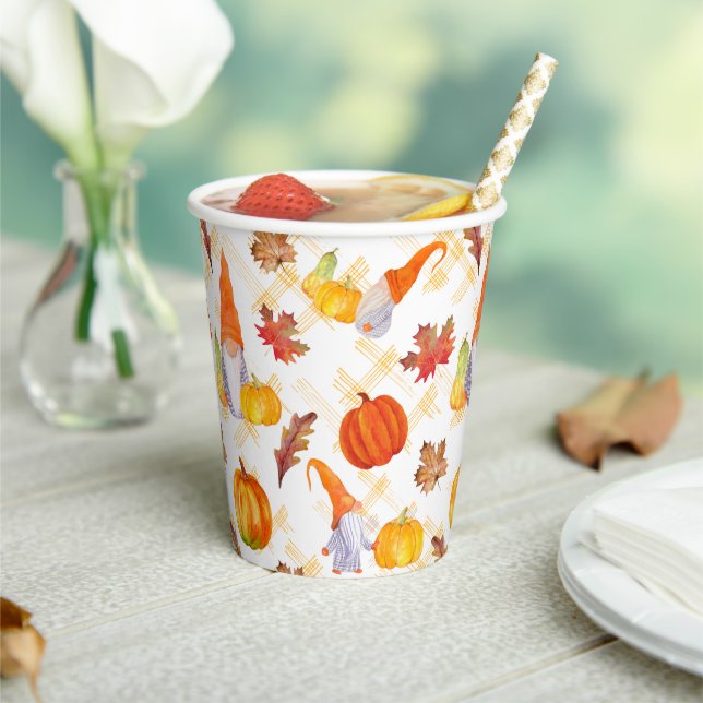 Watercolor Fall Gnomes, Pumpkins And Leaves Paper Cups (Insitu)