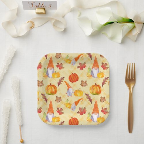 Watercolor Fall Gnomes Pumpkins And Leaves Paper Plates