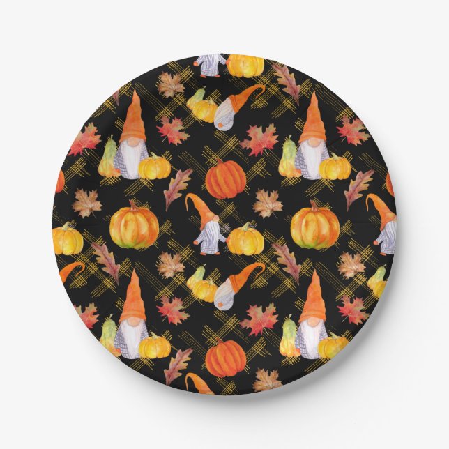 Watercolor Fall Gnomes, Pumpkins And Leaves Paper Plates (Front)