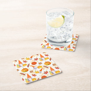 Watercolor Fall Gnomes, Pumpkins And Leaves Square Paper Coaster