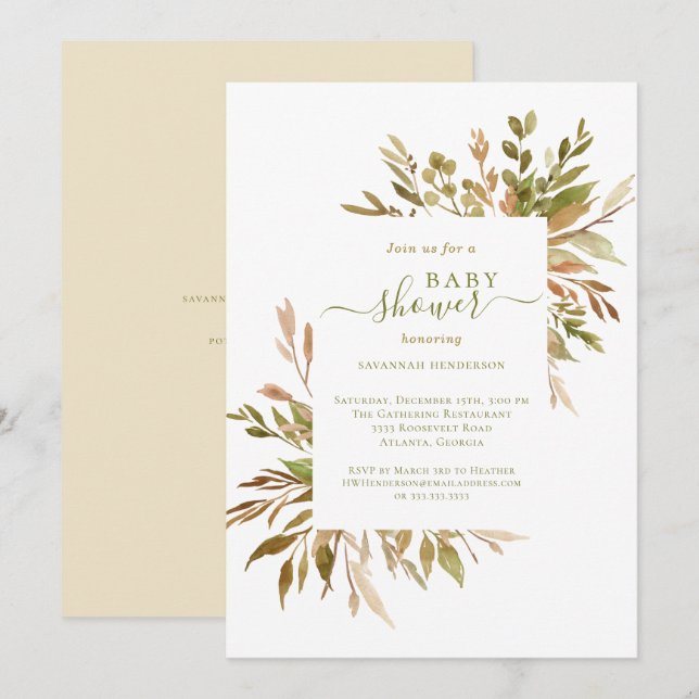 Watercolor Fall Greenery Baby Shower  Invitation (Front/Back)