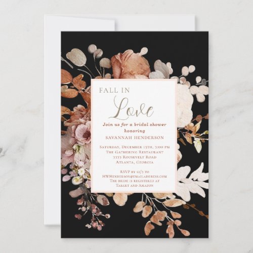 Watercolor Fall In Love Floral Black Bridal Shower Invitation