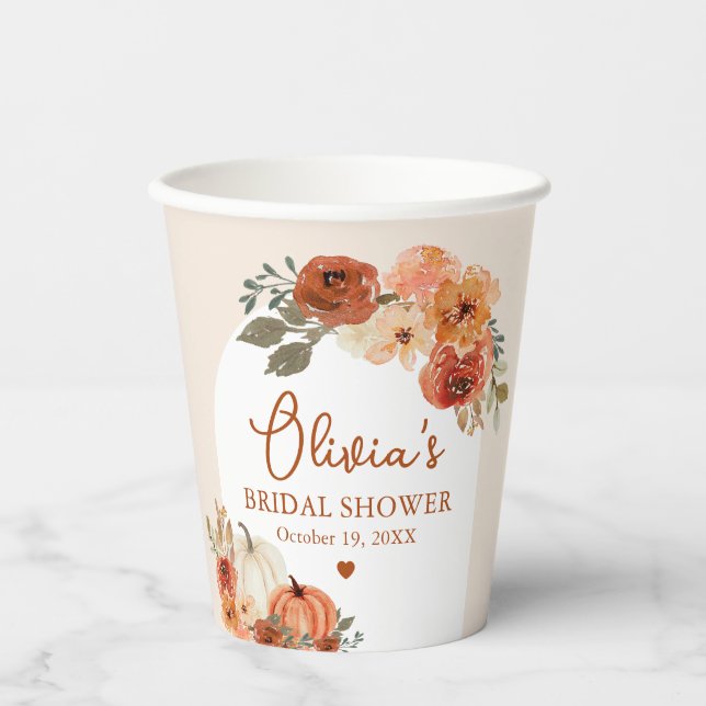 Watercolor Fall in Love Pumpkin Bridal Shower  Paper Cups (Front)