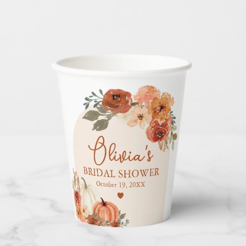 Watercolor Fall in Love Pumpkin Bridal Shower Paper Cups