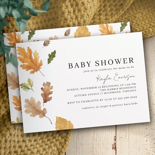 Watercolor Fall Leaf  Rustic Autumn Baby Shower Invitation