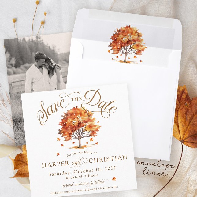 Watercolor Fall Leaf Tree Autumn Wedding Square Envelope Liner (Elegant modern rustic watercolor fall leaf tree simple square wedding save the date envelope liner)