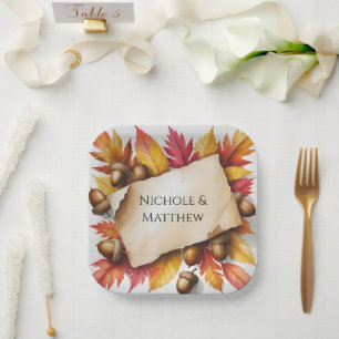 Watercolor Fall Leaves & Acorns Rustic Wedding Paper Plates