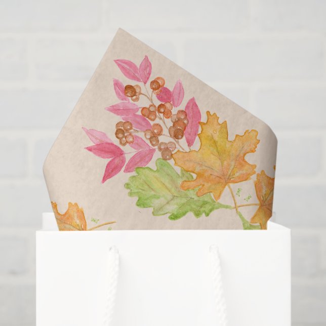 Watercolor Fall Leaves and Berries Paper (Gift Bag)