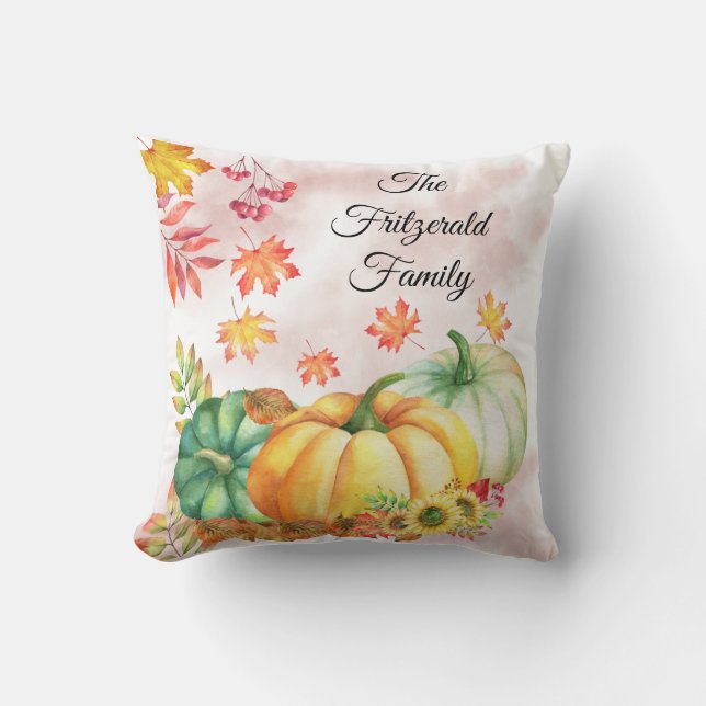 Watercolor Fall Leaves and Pumpkin Name Monogram  Throw Pillow (Front)