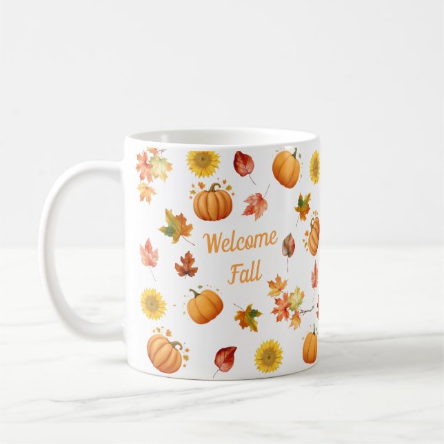 Watercolor Fall Leaves and Pumpkins Coffee Mug (Left)