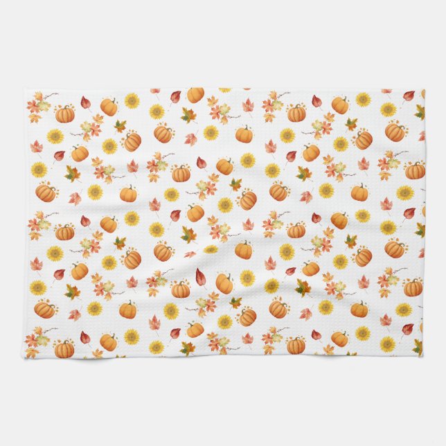 Watercolor Fall Leaves and Pumpkins Kitchen Towel (Horizontal)