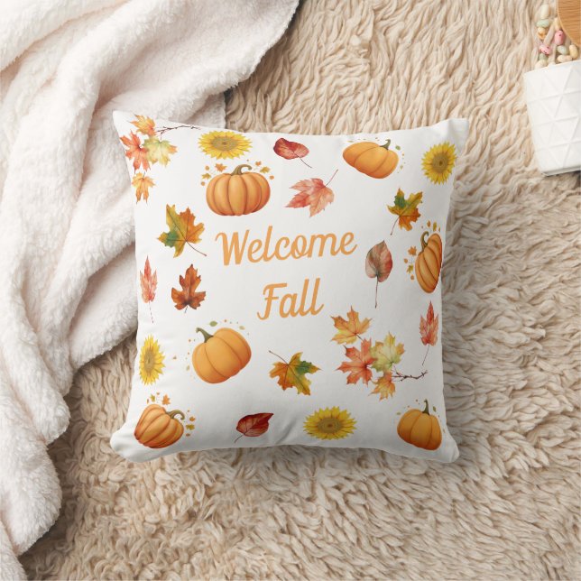 Watercolor Fall Leaves and Pumpkins Throw Pillow (Blanket)